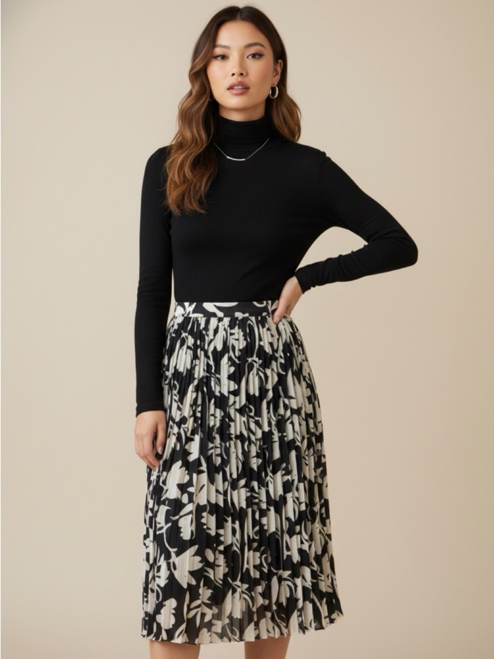 J. Crew 365 Black and White Pleated Floral Midi Skirt